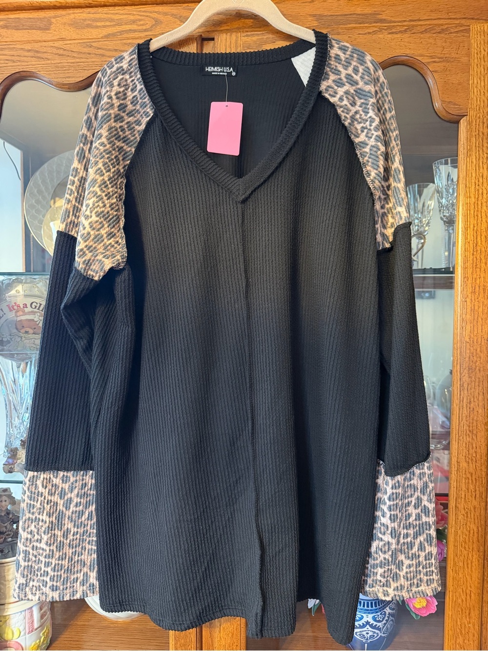 HEIMISH Black V-Neck Ribbed Top with Leopard Print Shoulders & Cuffs, NWT, $25